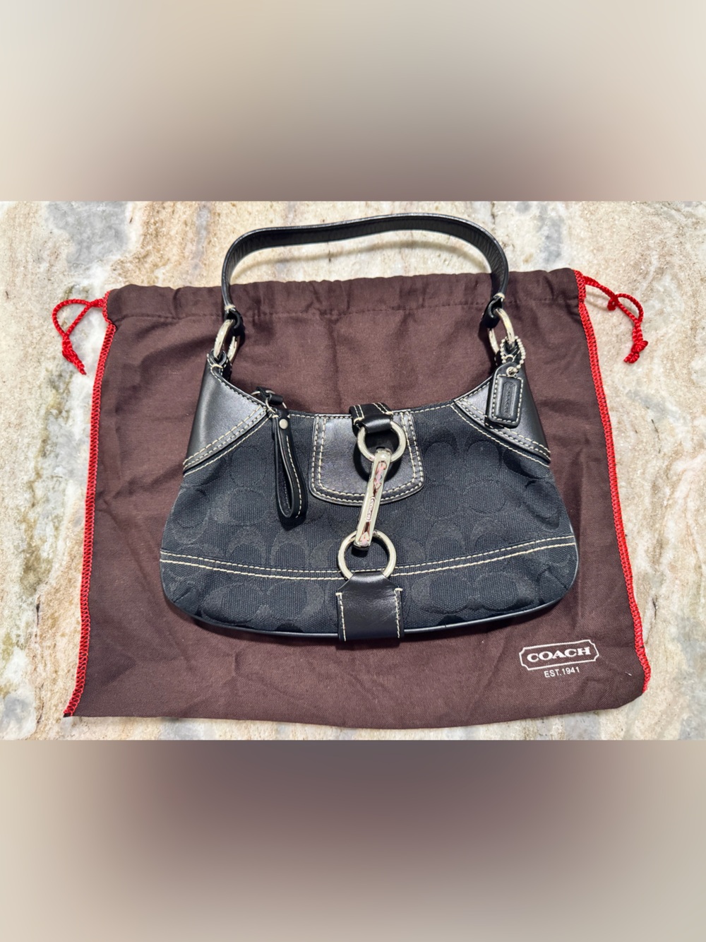 Coach Black Signature Canvas Shoulder Bag with Silver Hardware